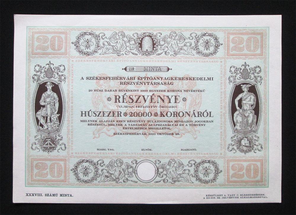 Székesfehérvári Kereskedelmi részvény 20000 korona 1923 MINTA